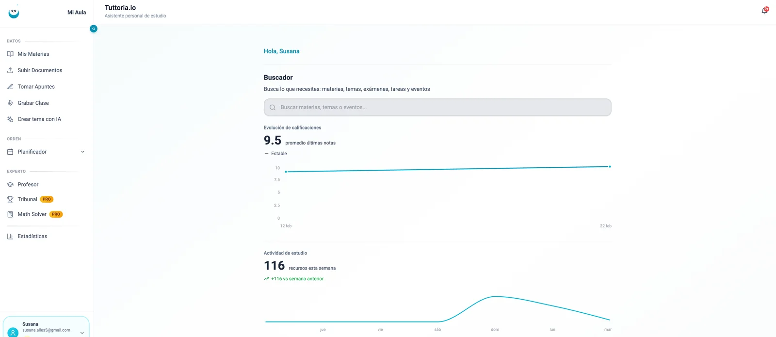 Panel de estudio real de Tuttoria — Dashboard con materias, planificador y herramientas IA