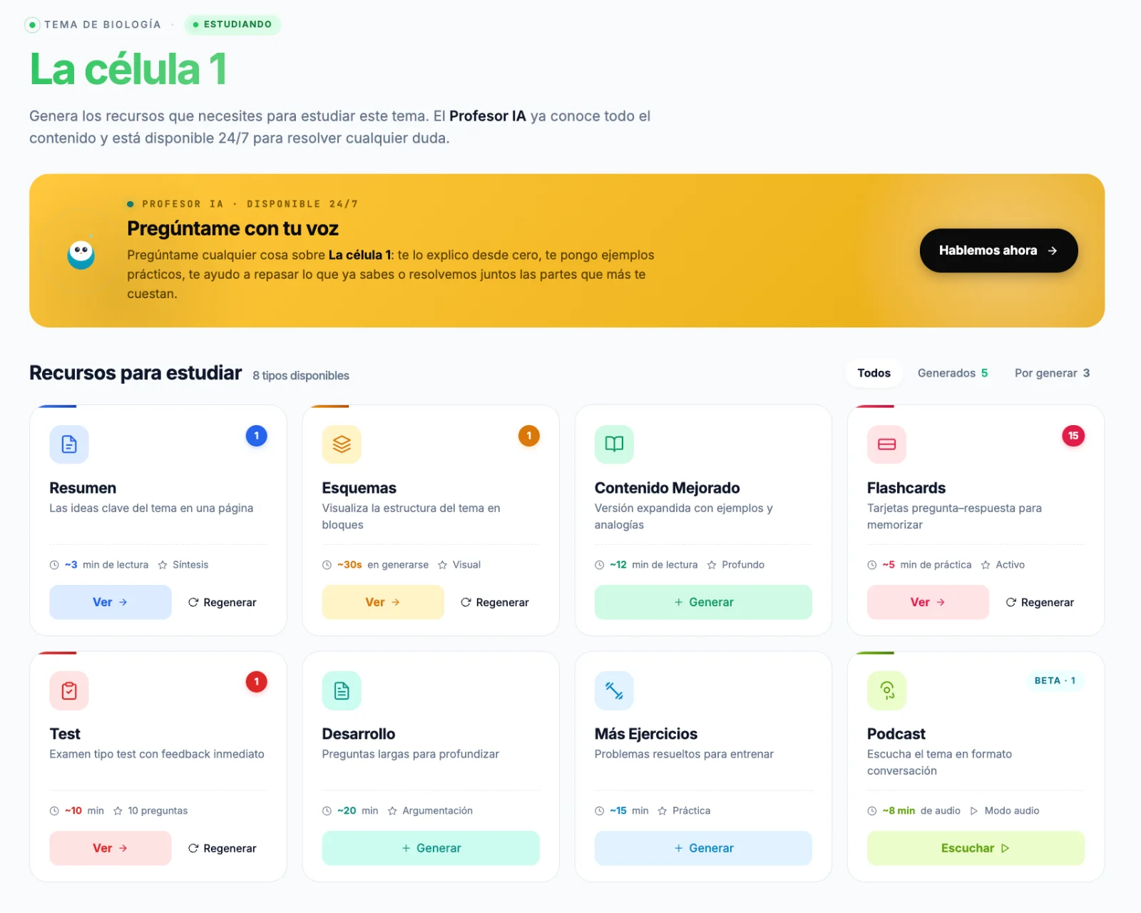 Tuttoria, la IA para estudiantes: el tema La célula 1 con el profesor IA por voz y ocho recursos para estudiarlo (resumen, esquemas, flashcards, test, podcast y más)