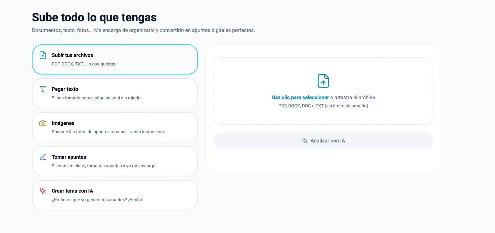 Pantalla de subida de materiales de Tuttoria con 5 vias de entrada y analisis IA